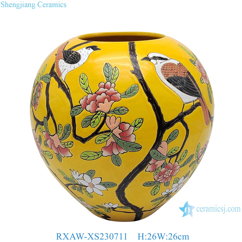 RXAW-XS230711 Yellow Color flower and bird Pattern Ceramic tabletop Flower Vase