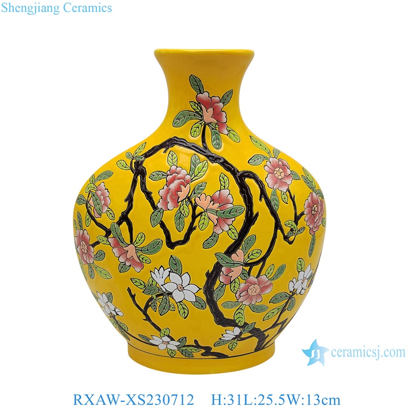 RXAW-XS230712 Yellow Color flower and bird Pattern Ceramic tabletop flat belly Flower Vase