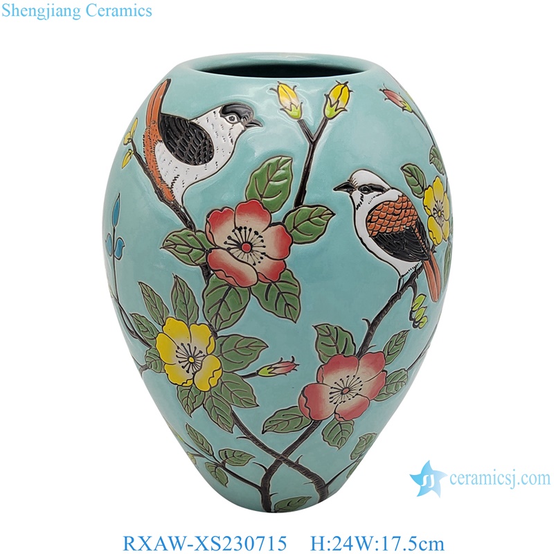 RXAW-XS230715 Blue Color flower and bird Pattern Ceramic tabletop Flower Vase