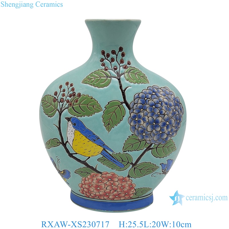 RXAW-XS230717 Blue Color flower and bird Grape Pattern Flat belly Ceramic Flower Vase