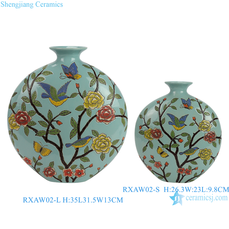 RXAW02-L/RXAW02-S New Design Flower and Bird Pattern Flat Belly Embracing Moon Ceramic Flower Vase