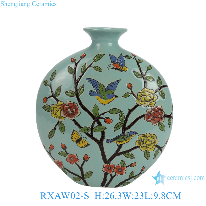RXAW02-S New Design Flower and Bird Pattern Flat Belly Embracing Moon Ceramic Flower Vase