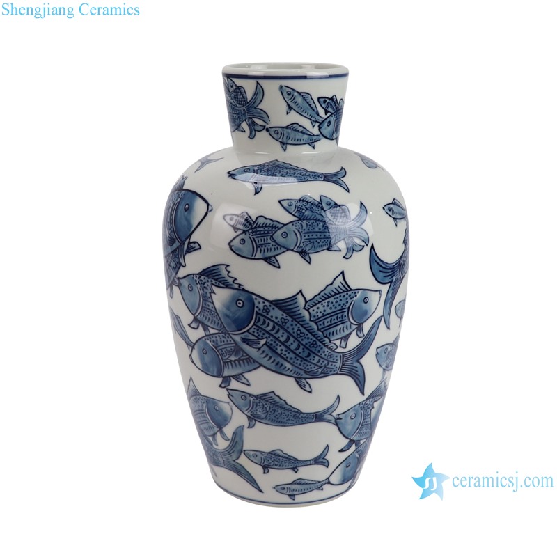 RXAY23LH084 Modern style Blue and White Porcelain Fish Pattern Ceramic flower vase Pot--side view
