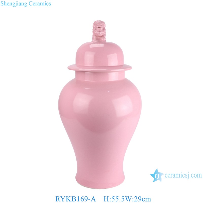 RYKB169-A Solid Pink color Porcelain Temple Jar with Lion Lid