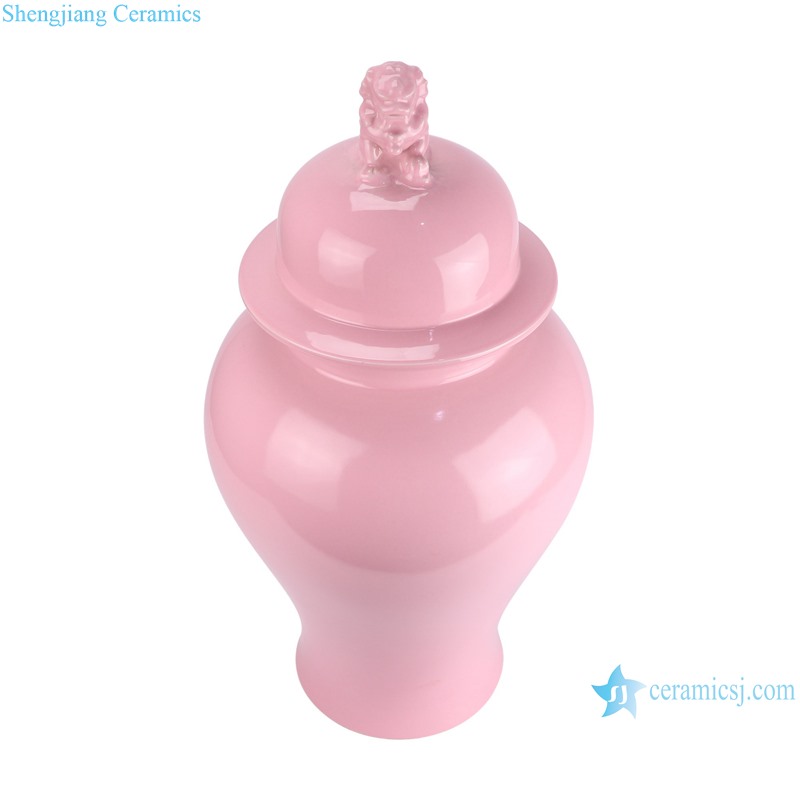 RYKB169-A Solid Pink color Porcelain Temple Jar with Lion Lid -- vertical view