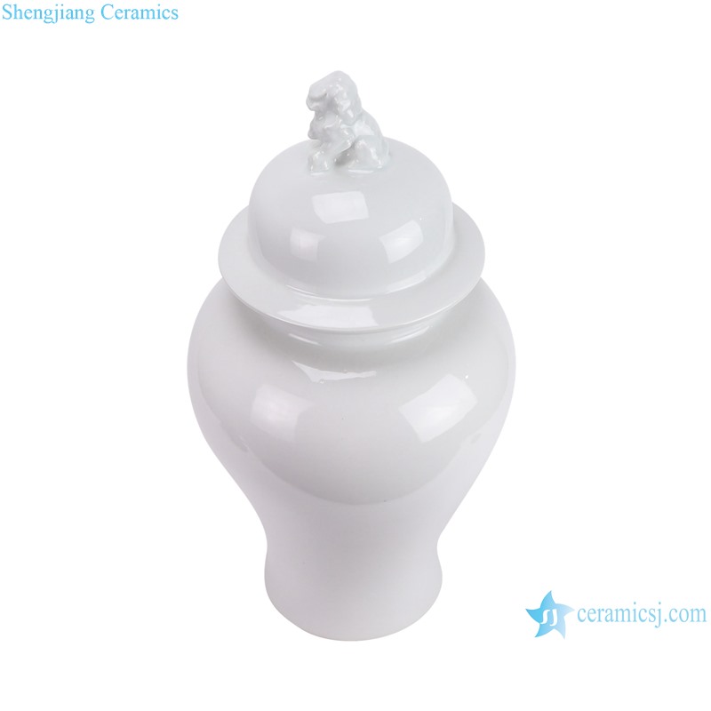 RYKB169-C Solid White color Porcelain Temple Jar with Lion Lid -- vertical view