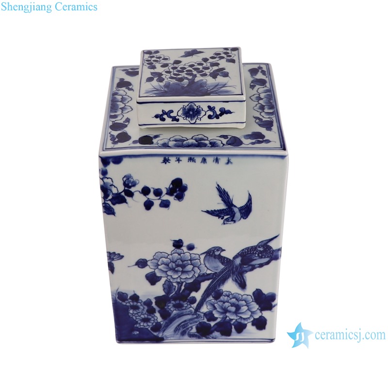 RYUK15-F beautiful hand painted blue and white square ceramic lidded jar for home decoration