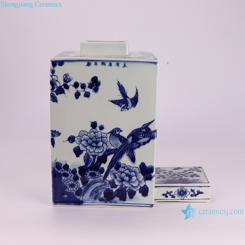 RYUK15-F beautiful hand painted blue and white square ceramic lidded jar for home decoration