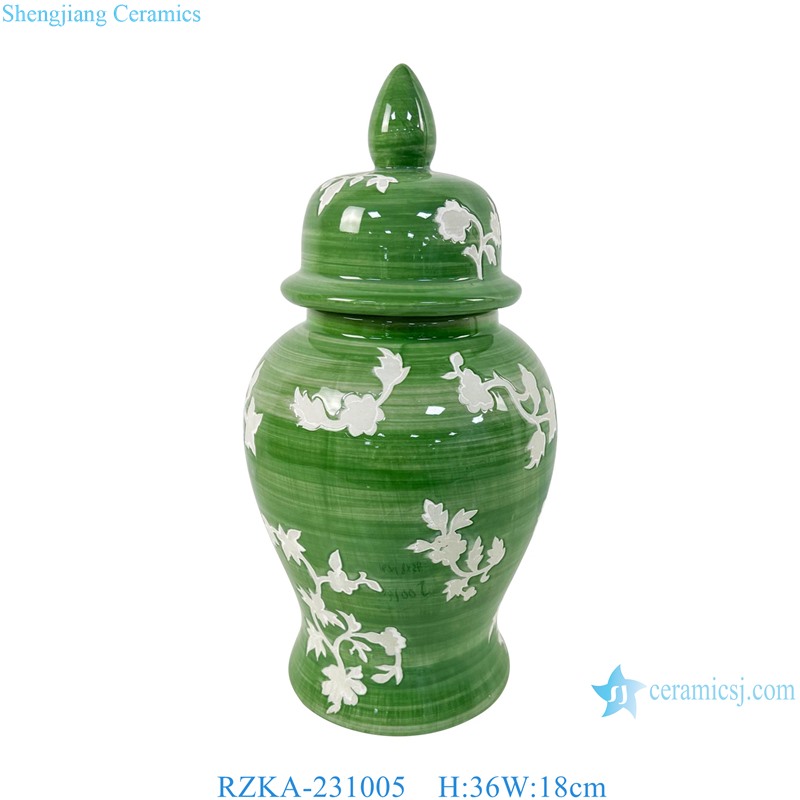 RZKA-231005 Modern Style Heap Flower Pattern Line Green and white color Porcelain Temple run jar