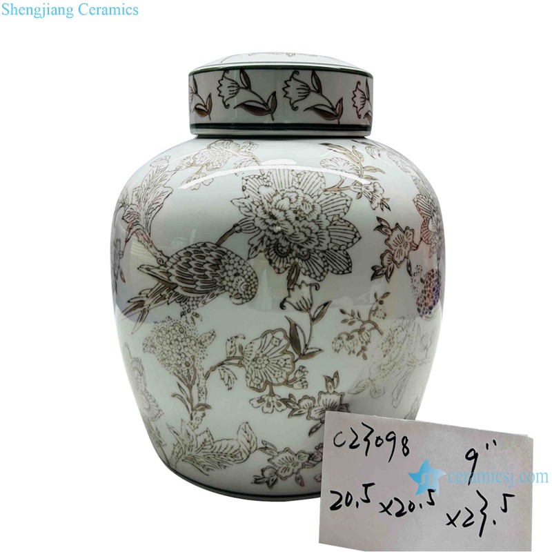 RXAE series brown and white beautiful flower and bird pattern ceramic lidded jar for home decoration