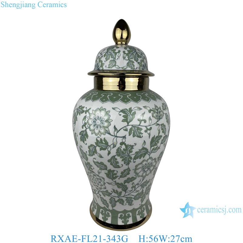 RXAE-FL21-342G-343G green and white beautiful flower pattern with gold trim ceramic temple jar for home decoration