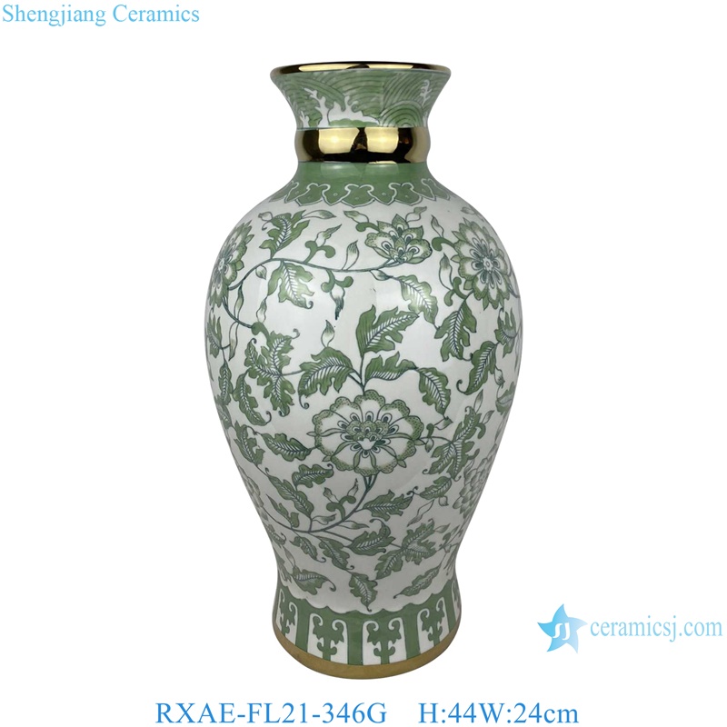 RXAE-FL19-346G-FL21-346G green and white beautiful floral pattern with gold trim ceramic vase for home decoration