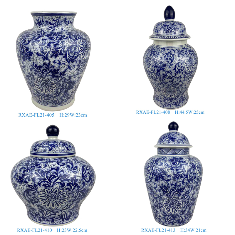 blue and white floral pattern ceramic temple jar for home decoration