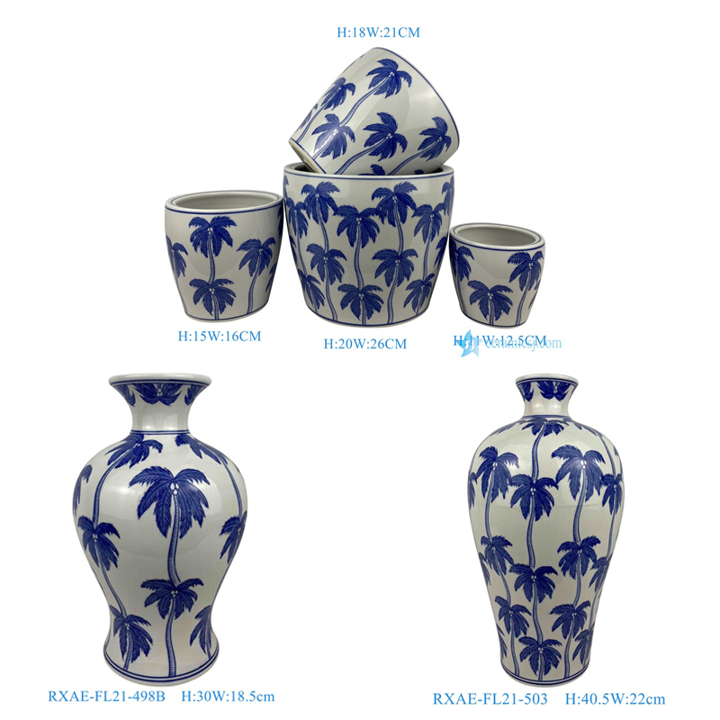  cheap price blue and white coconut tree pattern ceramic vase for home decoration