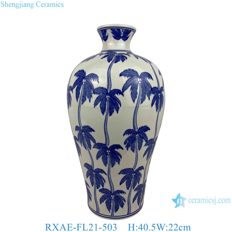 RXAE-FL21-498B cheap price blue and white coconut tree pattern ceramic vase for home decoration