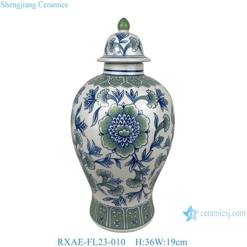 beautiful green and white flower design ceramic temple jar