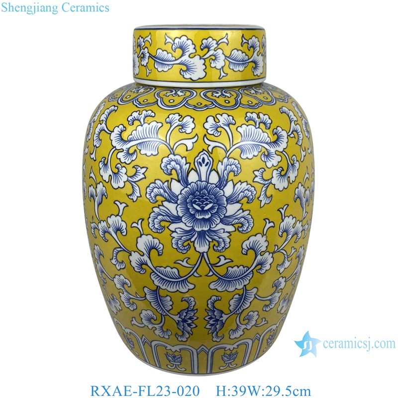 yellow ground beautiful floral pattern ceramic ginger jar for home decoration