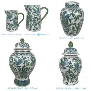 RXAE-FL23-026-S-L green and white beautiful floral and bird pattern ceramic vase for home decoration