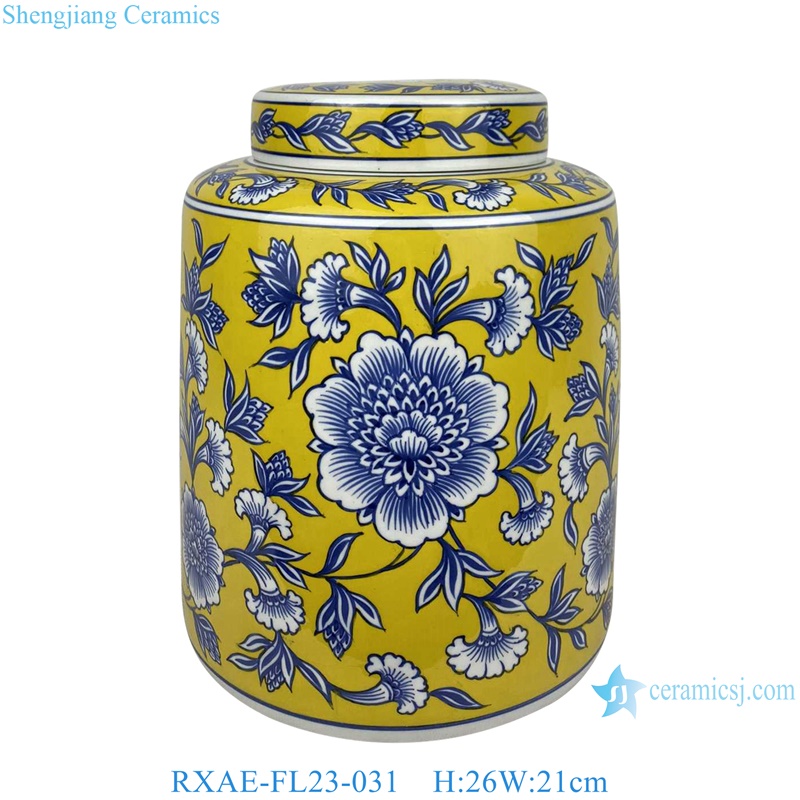 yellow ground beautiful floral pattern ceramic cylinder lidded jar for home decoration