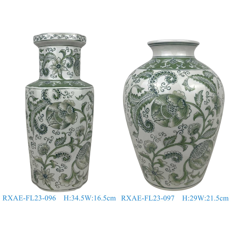 low price green and white beautiful floral pattern ceramic vase for home decoration