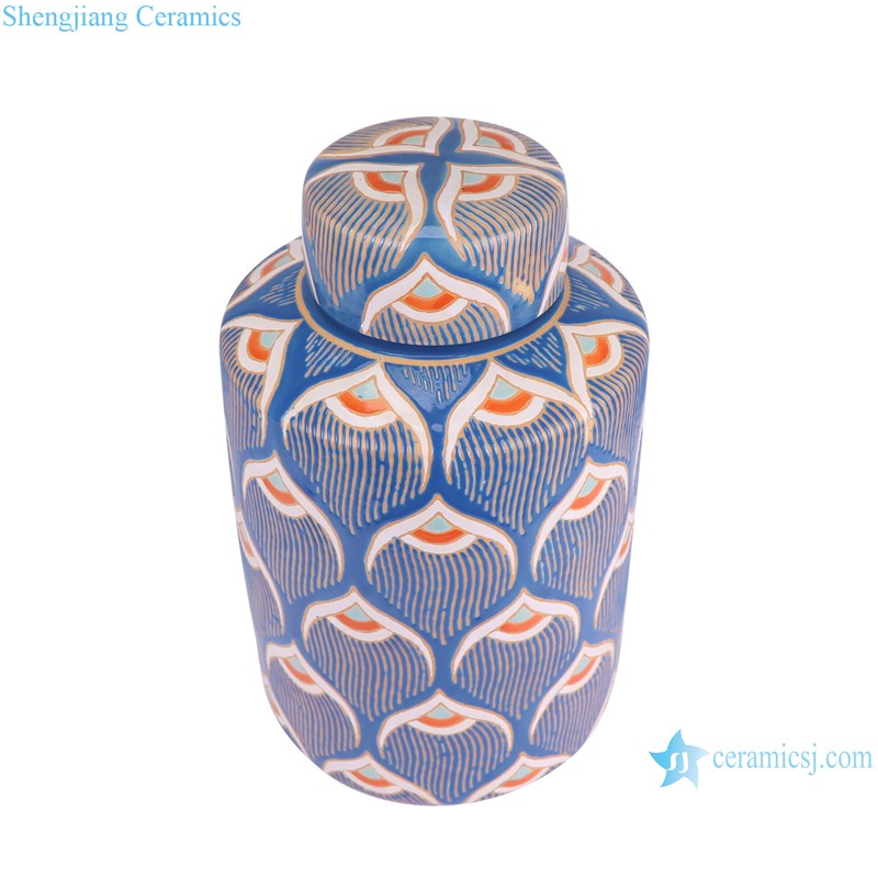 RXAW-xs029 Blue color background Colorful Painting Straight Cylindrical Shape Ceramic Tin Tea Canister--vertical view