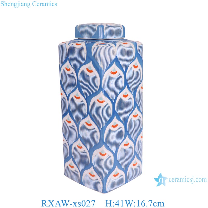 RXAW-xs027 Nordic style Blue and white Colorful flower pattern Square shape Ceramic Tea Canister Lidded Jar 