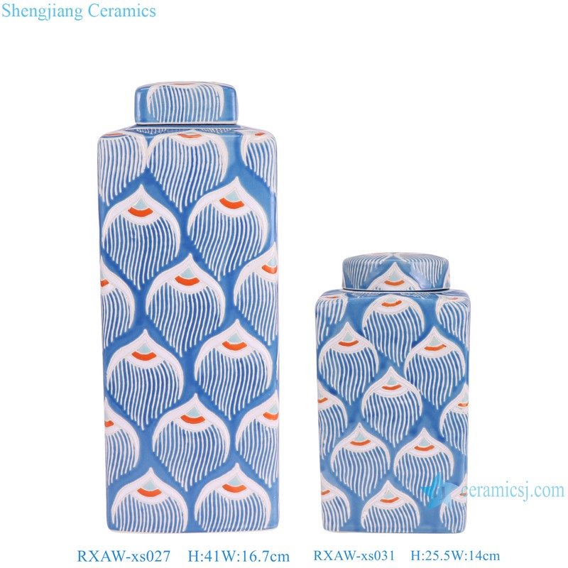RXAW-xs027-xs031 Nordic style Blue and white Colorful flower pattern Square shape Ceramic Tea Canister Lidded Jar