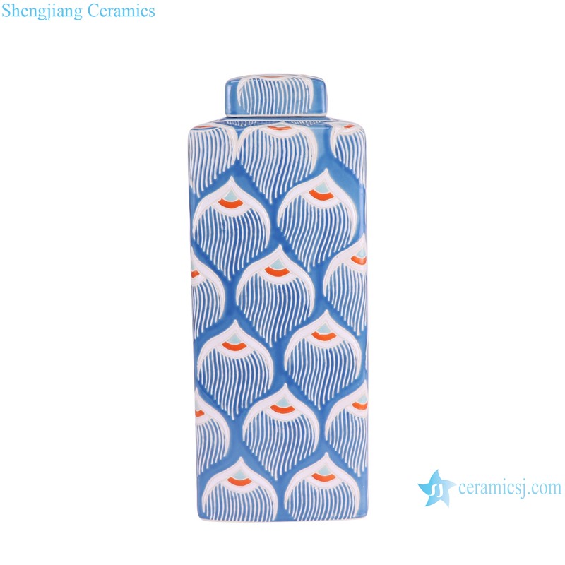 RXAW-xs027 Nordic style Blue and white Colorful flower pattern Square shape Ceramic Tea Canister Lidded Jar-- side view