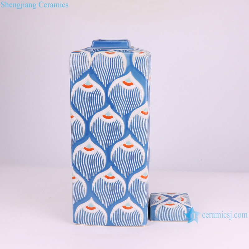 RXAW-xs027 Nordic style Blue and white Colorful flower pattern Square shape Ceramic Tea Canister Lidded Jar-- side view