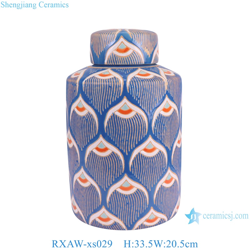 RXAW-xs029 Blue color background Colorful Painting Straight Cylindrical Shape Ceramic Tin Tea Canister