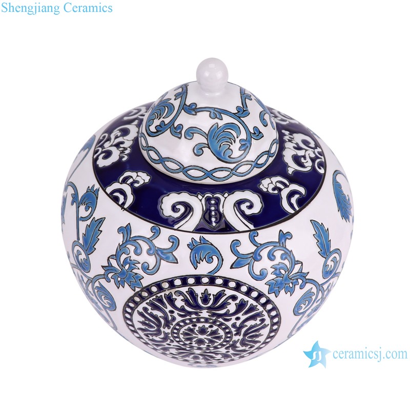 RXAW-xs035 Nordic Blue and White Twisted flower Pattern Watermelon Ceramic Lidded Pot Jars--vertical view