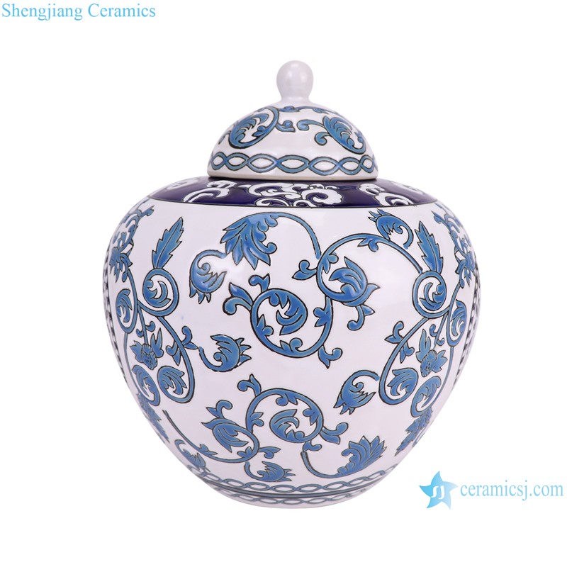 RXAW-xs035 Nordic Blue and White Twisted flower Pattern Watermelon Ceramic Lidded Pot Jars--side view