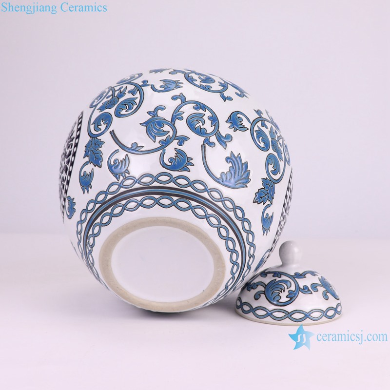 RXAW-xs035 Nordic Blue and White Twisted flower Pattern Watermelon Ceramic Lidded Pot Jars--top view