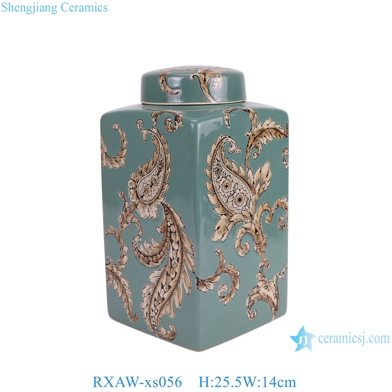 RXAW-xs056 Color Green Glazed Flower Pattern Square shape Ceramic Tea Canister Lidded Pot