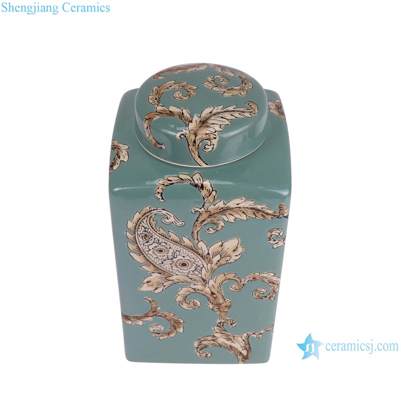 RXAW-xs056 Color Green Glazed Flower Pattern Square shape Ceramic Tea Canister Lidded Pot -- vertical view