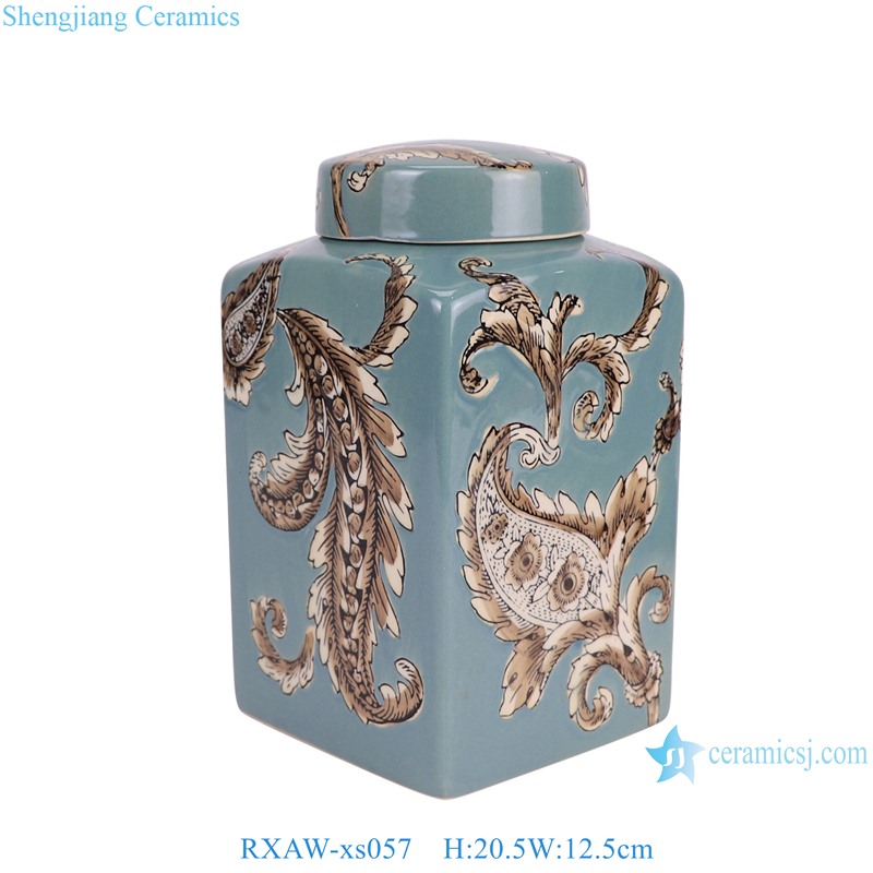 RXAW-xs057 Color Green Glazed Flower Pattern Square shape Ceramic Tea Canister Lidded Pot
