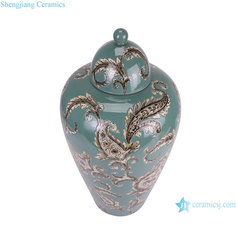 RXAW-xs058 Color Green Glazed Flower Pattern Round shape Ginger Jar Ceramic lidded Pot--vertical view