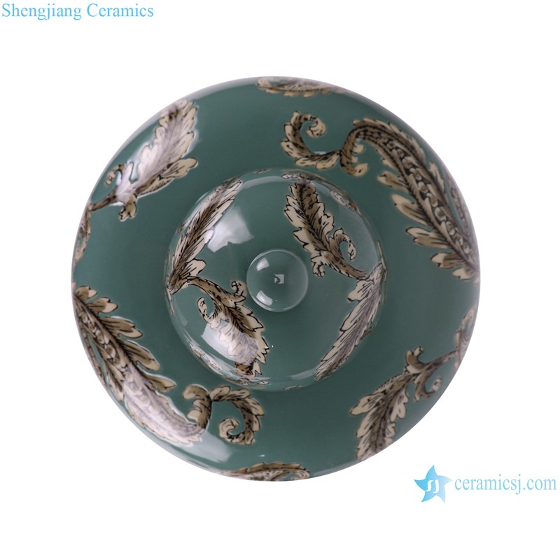 RXAW-xs058 Color Green Glazed Flower Pattern Round shape Ginger Jar Ceramic lidded Pot--top view
