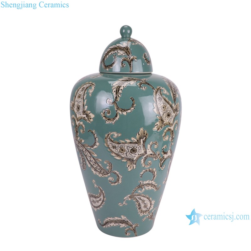 RXAW-xs058 Color Green Glazed Flower Pattern Round shape Ginger Jar Ceramic lidded Pot--side view