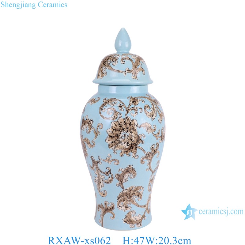 RXAW-xs062 Modern Style Blue color glazed Flower and Leaf Pattern Ceramic Jar lidded Pots