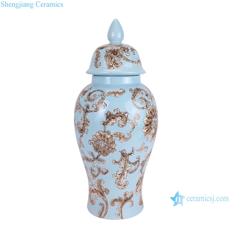 RXAW-xs062 Modern Style Blue color glazed Flower and Leaf Pattern Ceramic Jar lidded Pots--side view