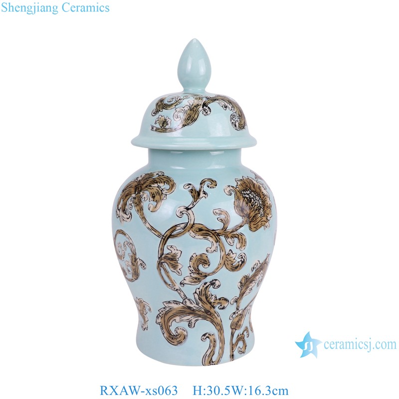 RXAW-xs063 Modern Style Blue color glazed Flower and Leaf Pattern Ceramic Jar lidded Pots--small size