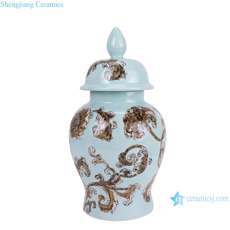 RXAW-xs063 Modern Style Blue color glazed Flower and Leaf Pattern Ceramic Jar lidded Pots--side view