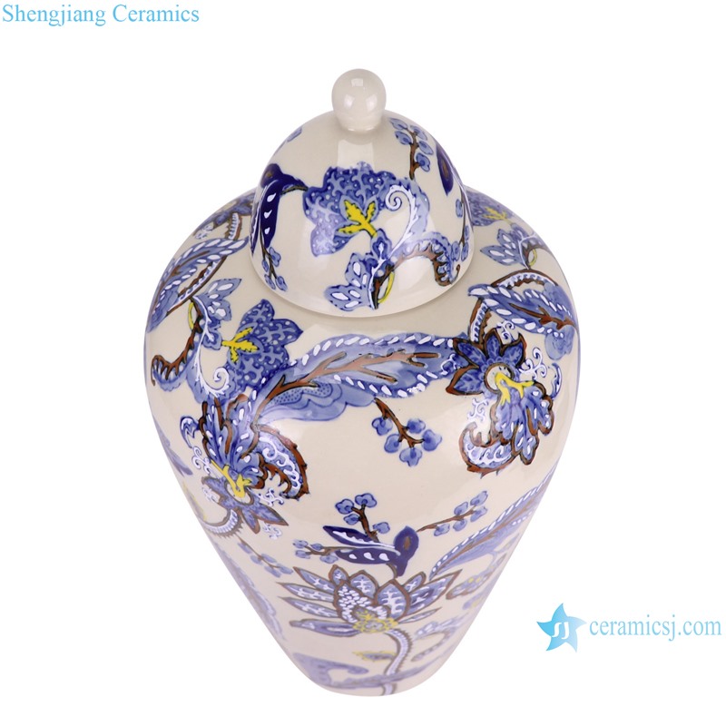 RXAW-xs074 Blue and White Flower Motif Porcelain Temple Jar Ceramic Lidded Pot--vertical view