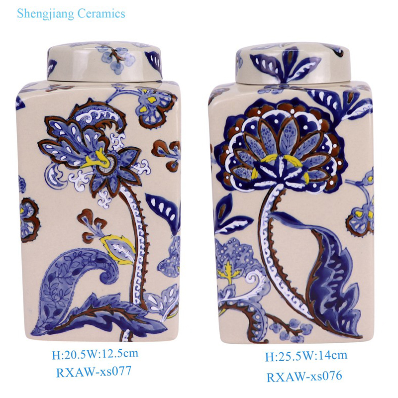 RXAW-xs076 / RXAW-xs077 Blue and White Porcelain Flower Pattern Square shape Ceramic Tea Canister Pot