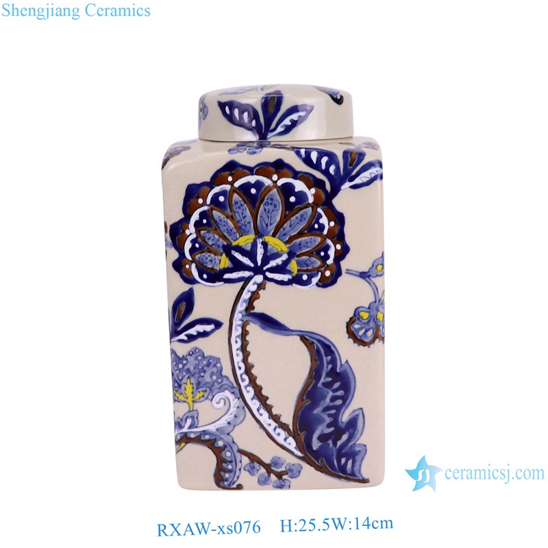 RXAW-xs076 Blue and White Porcelain Flower Pattern Square shape Ceramic Tea Canister Pot