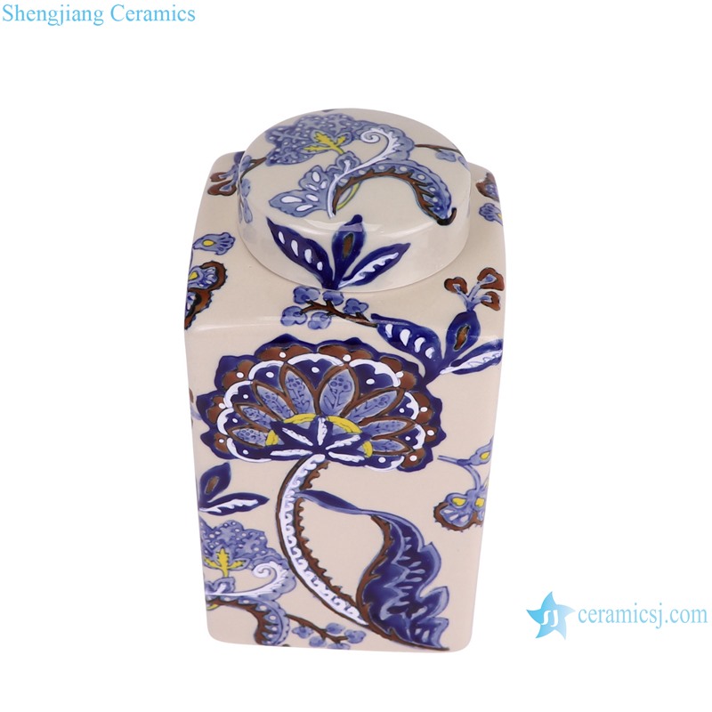 RXAW-xs076 Blue and White Porcelain Flower Pattern Square shape Ceramic Tea Canister Pot --vertical view