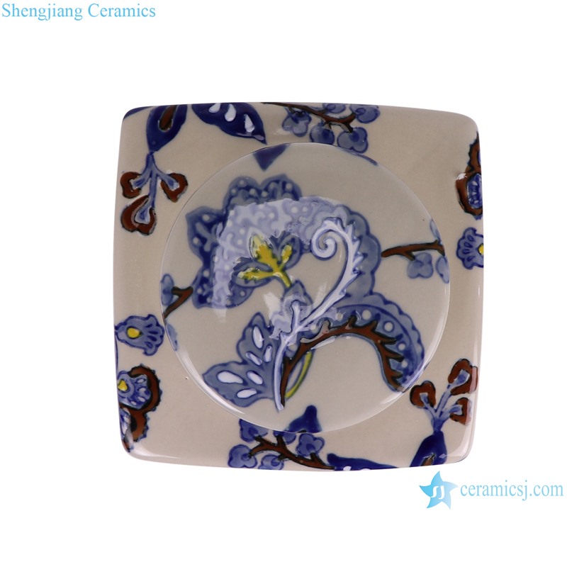 RXAW-xs076 Blue and White Porcelain Flower Pattern Square shape Ceramic Tea Canister Pot --top view
