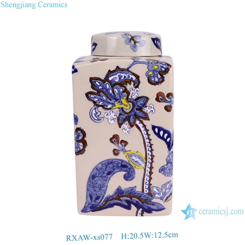 RXAW-xs077 Blue and White Porcelain Flower Pattern Square shape Ceramic Tea Canister Pot 