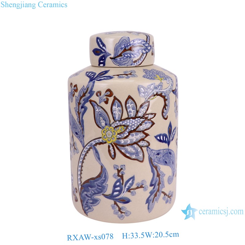 RXAW-xs078 Blue and White Flower Pattern Round shape Ceramic flat lidded Jar Tin Pot